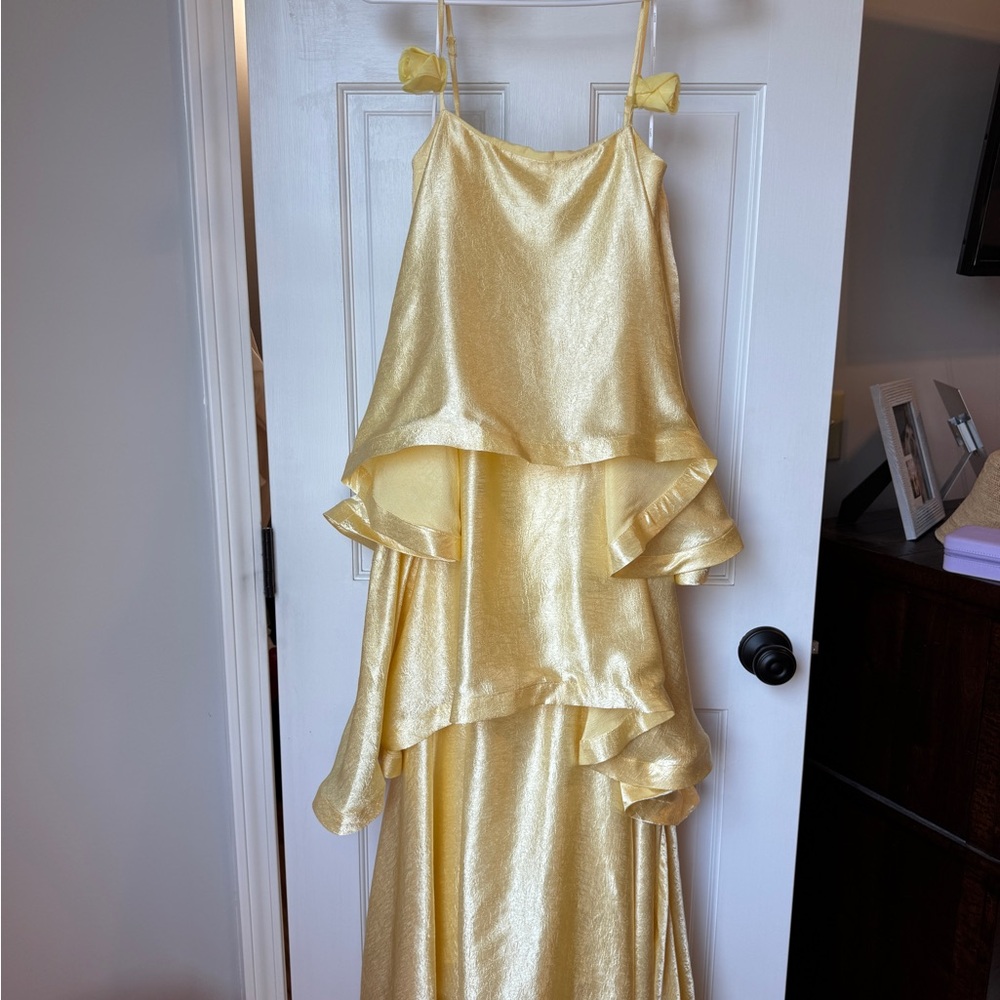 Elliatt Pale Yellow Satin Ruffle Slip Dress with Floral Strap Details - Picture 4 of 6